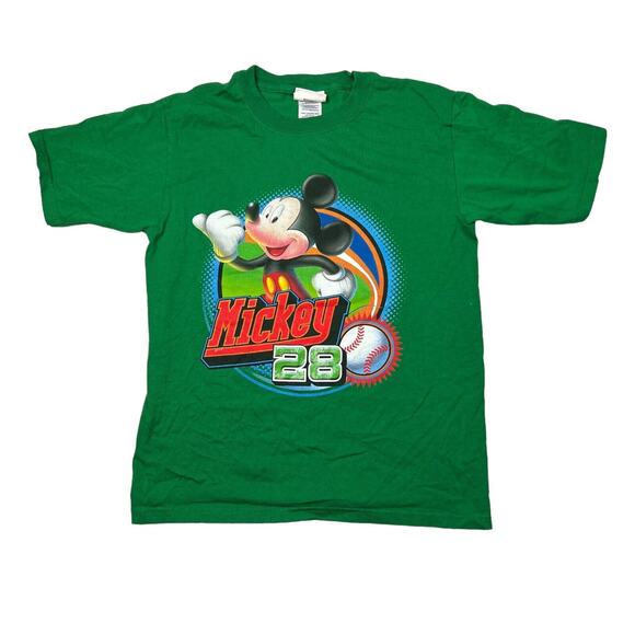 World of Disney Y2K Mickey Mouse 28 Baseball Graphic T-Shirt Green Youth Large - Picture 1 of 5